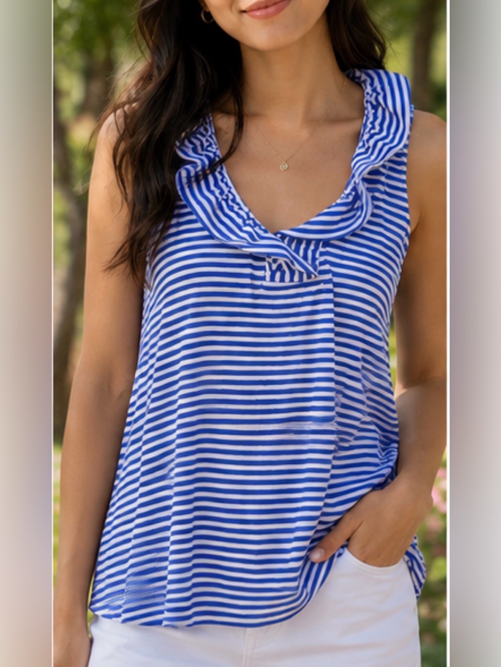 Lulu-B Blue & White Striped Sleeveless Ruffle Neck Tank Coastal Nautical Medium